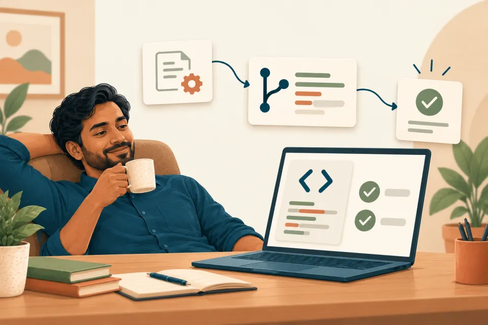 A professional takes a coffee break beside a laptop showing a coding task and test checks ready for review.