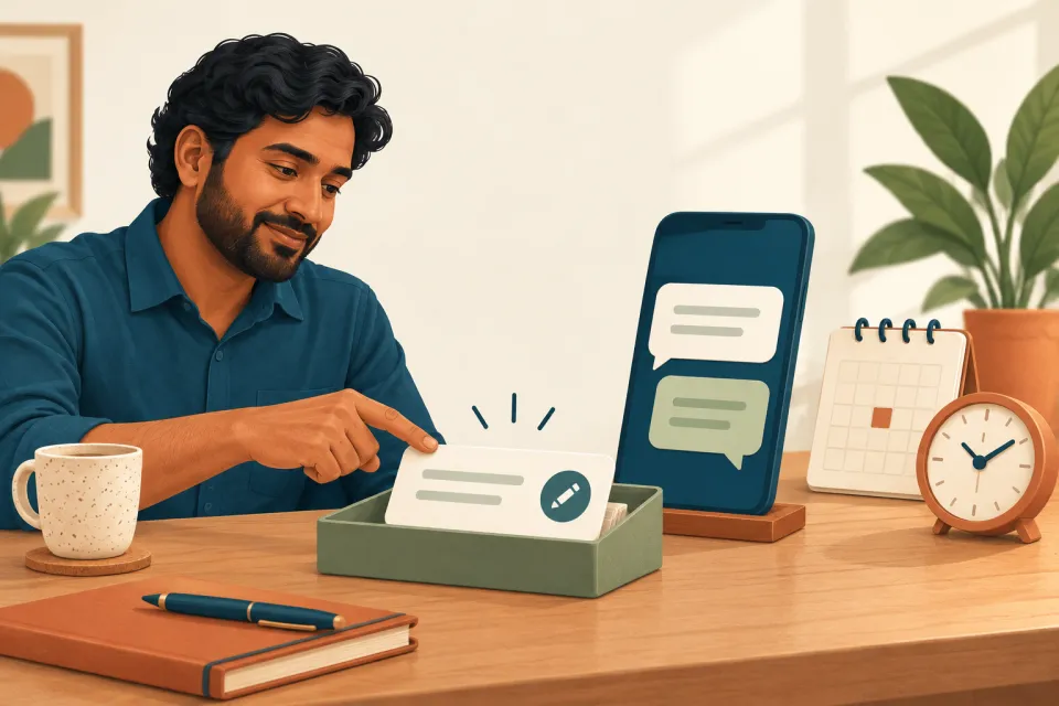 A suggested message is reviewed beside a phone and meeting calendar.