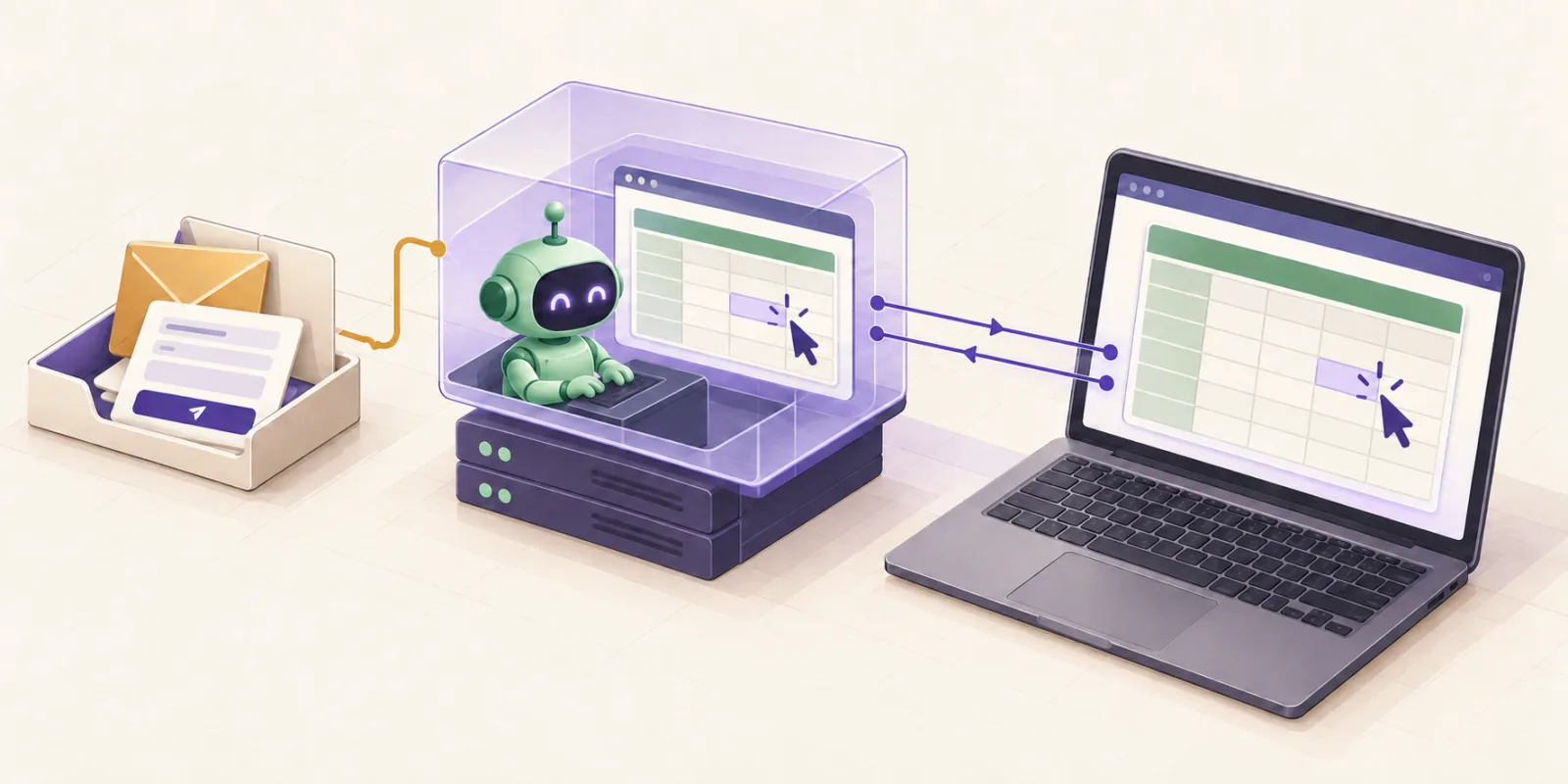 An isometric correspondence tray routes email and form instructions to a mint bot inside a separate VM enclosure. Fine two-way purple lines connect its desktop to the client’s laptop, where the same spreadsheet is open.