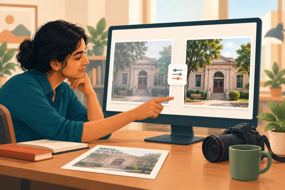 Illustration of a journalist comparing a subdued library photograph with a clearer enhancement on a monitor, with a camera and an original print retained for review.