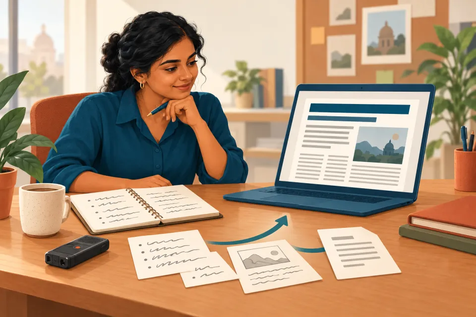 Illustration of a journalist reviewing an organized news article on a laptop, with reporting notes, a voice recorder and source cards flowing toward the draft.